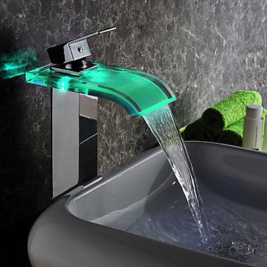 Contemporary LED Waterfall Glass Tall Bathroom Sink Tap - T0822HF