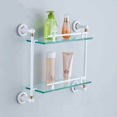 Brass Double Roasted White Porcelain with Tempered Glass Bathroom Shelves TCB8008