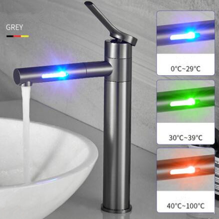 LED Color Changing Waterfall 360° Rotatable Brass Grey Brushed Mixer Tall Bathroom Sink Tap T0228LH