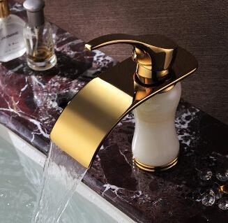 Luxurious Antique Brass Jade Gold Pinted Waterfall Bathroom Mixer Sink Tap TC2700