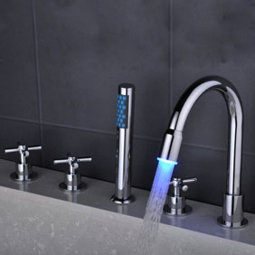 Contemporary Color Changing LED Waterfall Widespread Tub Tap with Hand Shower T0463F
