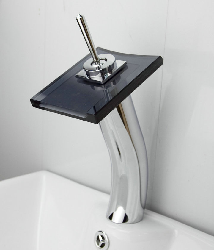 Contemporary Waterfall Bathroom Sink Tap with Glass Spout T0801BH - Click Image to Close