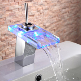 Contemporary Single Handle Chrome Waterfall LED Bathroom Sink Tap - T0818-1F