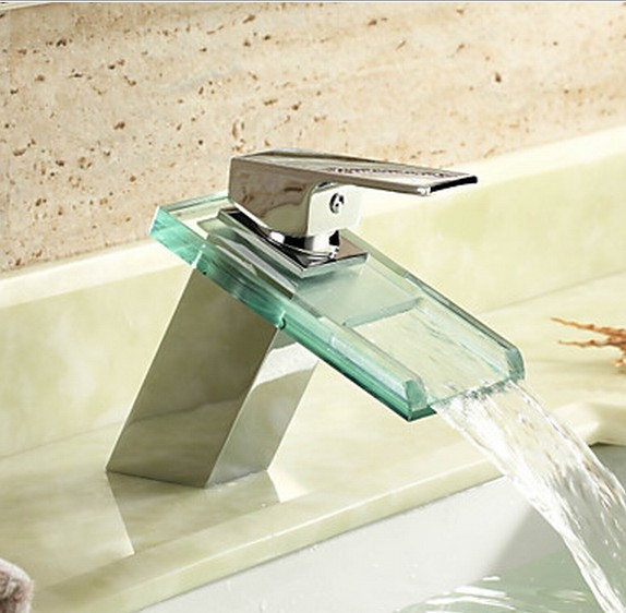 Waterfall Chrome Finish Bathroom Sink Tap Mixer with Glass Spout T0818