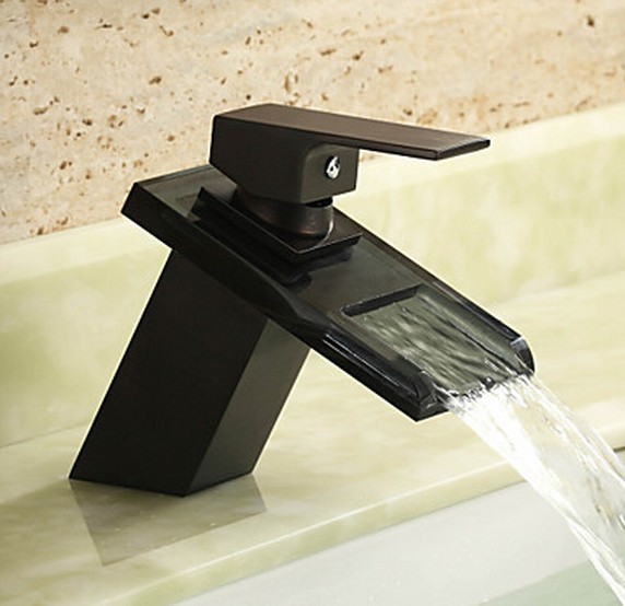 Finish Antique Black One Hole Waterfall Centerset Glass Bathroom Sink Tap T0818B - Click Image to Close