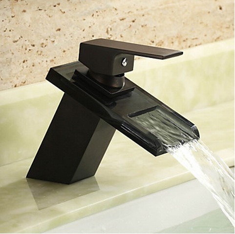 Antique Black Bronze Finish Waterfall Centerset Glass Bathroom Sink Tap T0818ORB