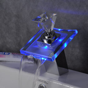 Contemporary Color Changing LED Glass Handle Waterfall Bathroom Sink Tap - T0819F