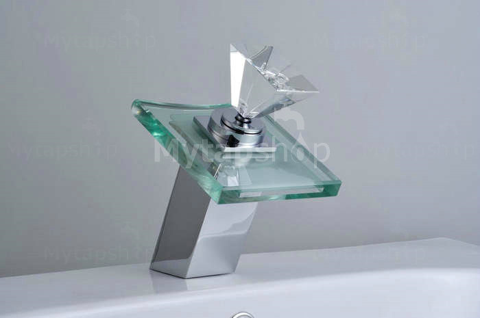 Contemporary Color Changing LED Glass Handle Waterfall Bathroom Sink Tap - T0819F - Click Image to Close