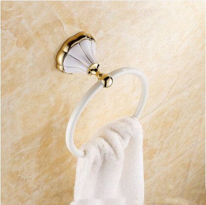 Brass Roasted White Porcelain Gold-Plated Bathroom Continental Towel Ring TR025W - Click Image to Close