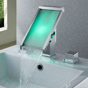 Contemporary Color Changing LED Waterfall Widespread Bathroom Sink Tap - T8002-1 - Click Image to Close