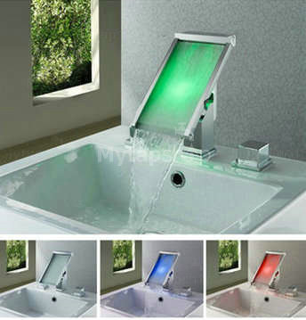 Contemporary Color Changing LED Waterfall Widespread Bathroom Sink Tap - T8002-1