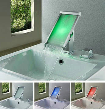 Contemporary Color Changing LED Waterfall Widespread Bathroom Sink Tap - T8002-1 - Click Image to Close