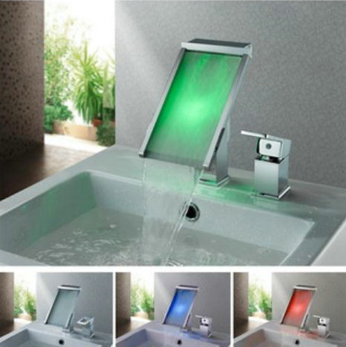 Contemporary Color Changing LED Waterfall Widespread Bathroom Sink Tap - T8002-3
