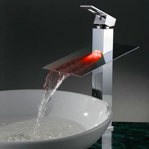 Contemporary Cartridge Water-saving Color Changing LED Waterfall Tall Bathroom Sink Tap - T8003A - Click Image to Close