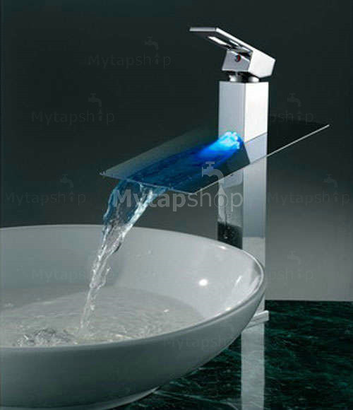 Contemporary Cartridge Water-saving Color Changing LED Waterfall Tall Bathroom Sink Tap - T8003A