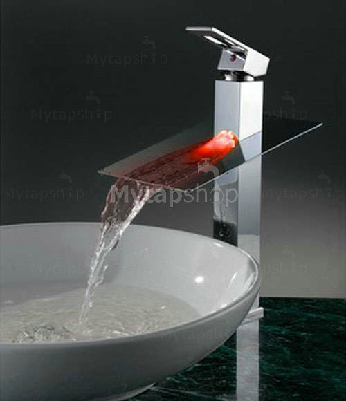 Contemporary Cartridge Water-saving Color Changing LED Waterfall Tall Bathroom Sink Tap - T8003A - Click Image to Close