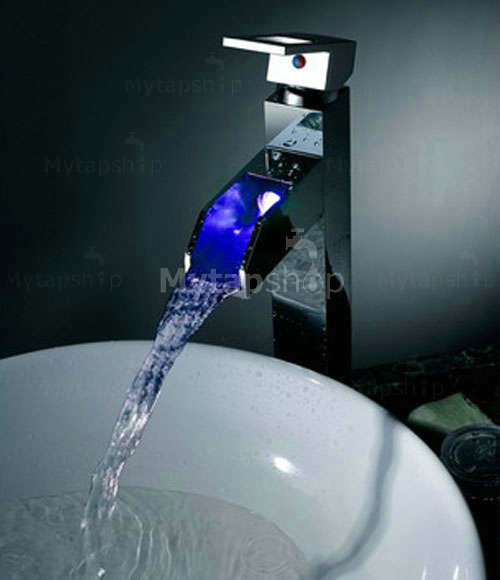 Contemporary Color Changing LED Tall Waterall Bathroom Sink Tap - T8005-5H - Click Image to Close