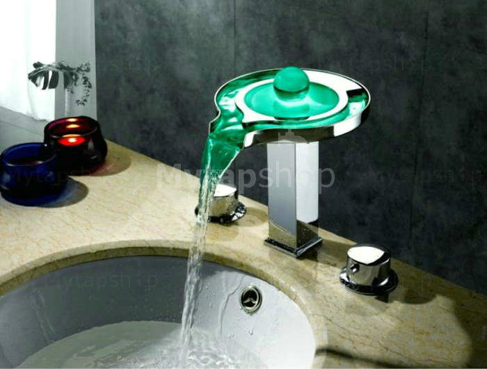 Contemporary Color Changing LED Waterfall Widespread Bathroom Sink Tap - T8008-1F - Click Image to Close