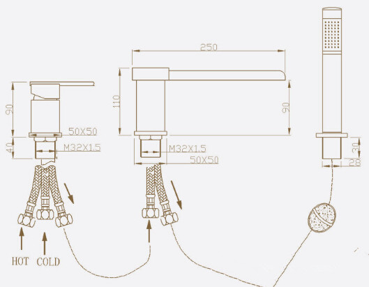 High Quality Brass Three-pieces Mixer Bathroom Bathtub Tap BT880W