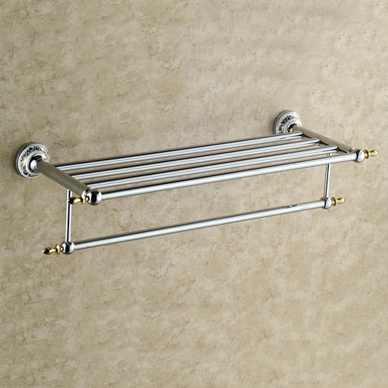 Polished Chrome Solid Brass Bathroom Shelf With Towel Bar TCB7803