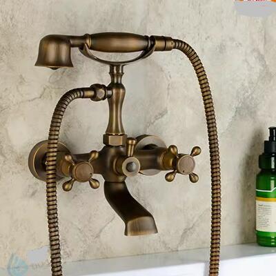 Antique Brass Two Handles Tub Tap with Hand Shower - TFB007 - Click Image to Close