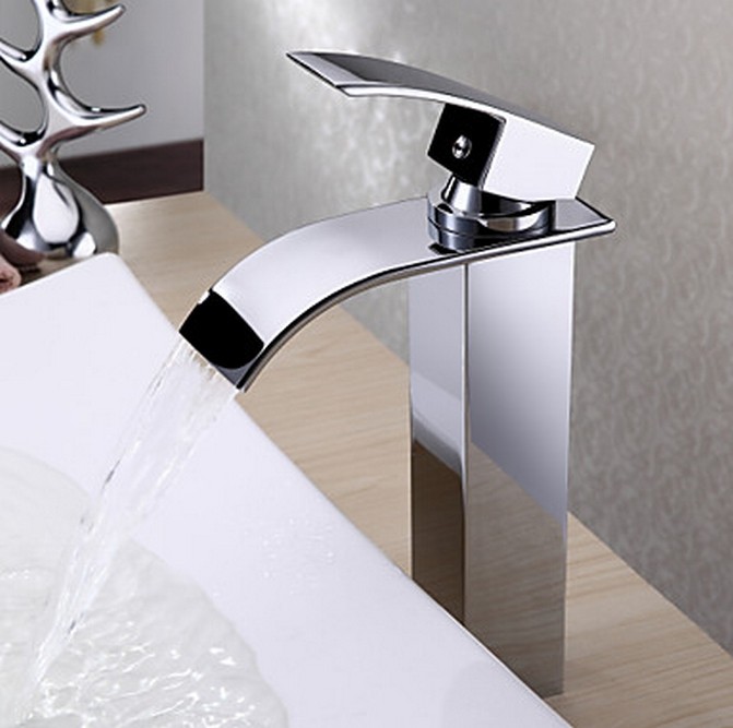 Contemporary Brass Waterfall Bathroom Sink Tap Tall TQ0517H - Click Image to Close