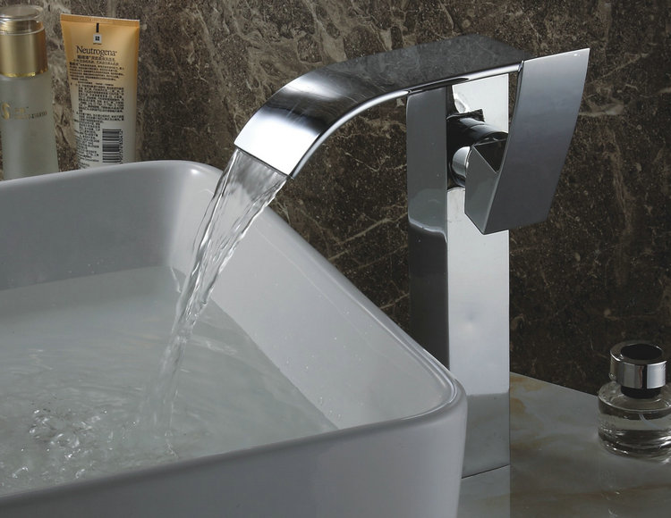Chrome Finish Contemporary Waterfall Bathroom Sink Tap (Tall) TQ3026H