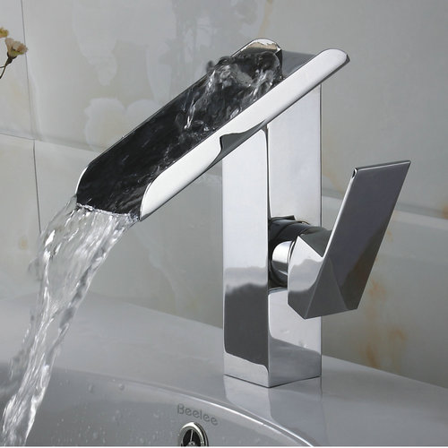 Single Handle Contemporary Solid Brass Waterfall Bathroom Sink Tap Chrome Finish TQ3028