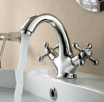 Chrome Traditional Mixer Tap Two Handles One Hole Bathroom Sink Tap T0095L - Click Image to Close
