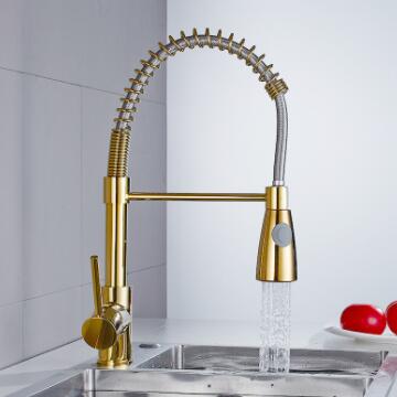 Brass Golden Printed SPRING Type Pull Out Mixer Kitchen Sink Tap T0130G - Click Image to Close