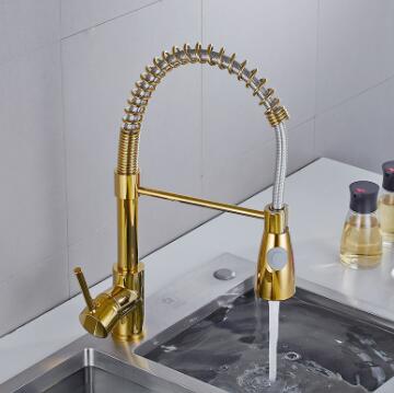 Brass Golden Printed SPRING Type Pull Out Mixer Kitchen Sink Tap T0130G - Click Image to Close