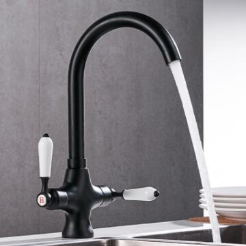 Kitchen Basin Tap Baked Black Printed Brass Two Handles Mixer Rotatable Kitchen Sink Tap T0168B