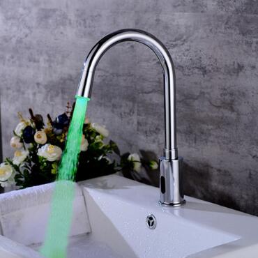 Automatic Taps Brass Chrome Finish LED Color Changing Mixer Bathroom Sink Tap T0220 - Click Image to Close