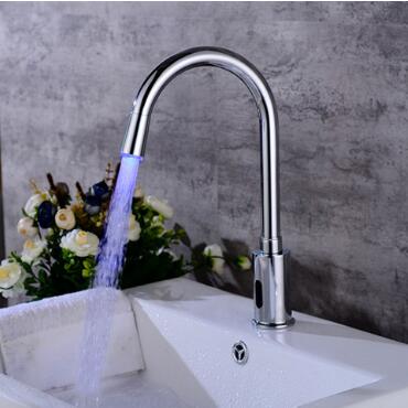 Automatic Taps Brass Chrome Finish LED Color Changing Mixer Bathroom Sink Tap T0220 - Click Image to Close