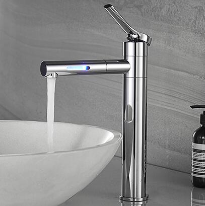 LED Color Changing Waterfall 360° Rotatable Chrome Mixer Tall Bathroom Sink Tap T0228CL - Click Image to Close
