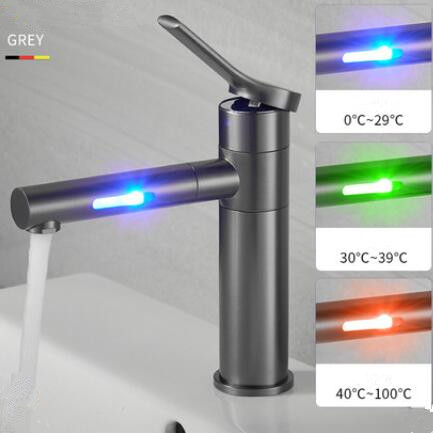 LED Color Changing Waterfall 360° Rotatable Brass Grey Brushed Mixer Bathroom Sink Tap T0228L - Click Image to Close