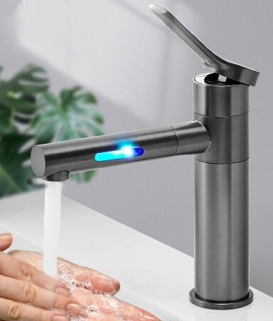 LED Color Changing Waterfall 360° Rotatable Brass Grey Brushed Mixer Bathroom Sink Tap T0228L - Click Image to Close