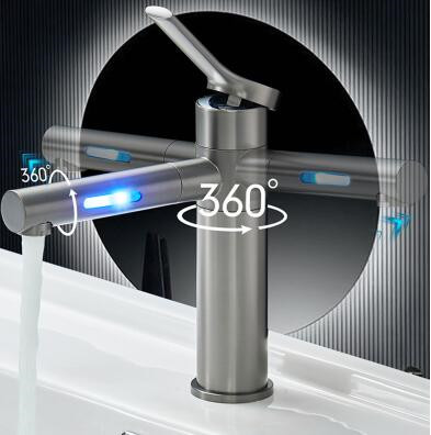 LED Color Changing Waterfall 360° Rotatable Brass Grey Brushed Mixer Bathroom Sink Tap T0228L