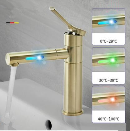 LED Color Changing Waterfall 360° Rotatable Golden Brushed Mixer Bathroom Sink Tap T0229G - Click Image to Close