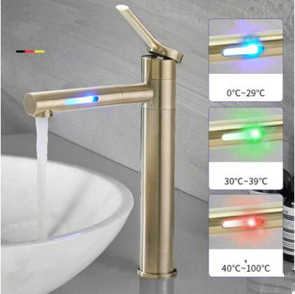 LED Color Changing Waterfall 360° Rotatable Golden Brushed Mixer Tall Bathroom Sink Tap T0229GL - Click Image to Close