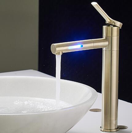 LED Color Changing Waterfall 360° Rotatable Golden Brushed Mixer Tall Bathroom Sink Tap T0229GL