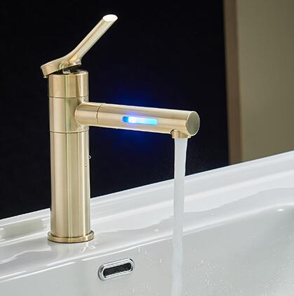 LED Color Changing Waterfall 360° Rotatable Golden Brushed Mixer Bathroom Sink Tap T0229G - Click Image to Close