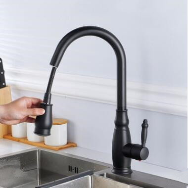 Brass Black Pull Out Mixer Water Controlled LED Kitchen Sink Tap T0230B - Click Image to Close