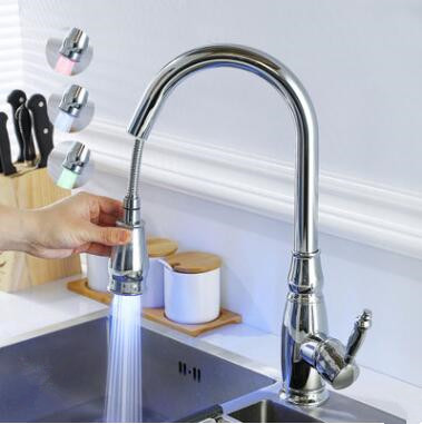 Chrome Finished Brass Pull Out Mixer Water Controlled LED Kitchen Sink Tap T0230C - Click Image to Close