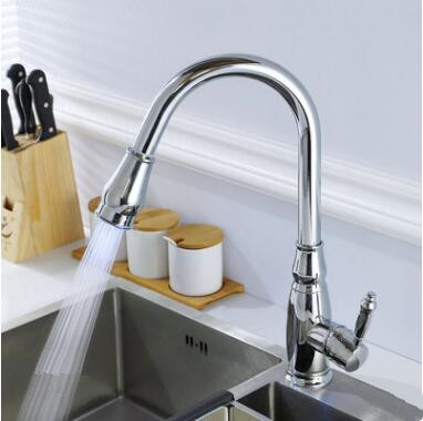 Chrome Finished Brass Pull Out Mixer Water Controlled LED Kitchen Sink Tap T0230C - Click Image to Close