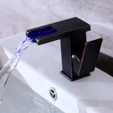 Black Bronze Brass Waterfall LED Color Changing Mixer Bathroom Sink Tap T0238B - Click Image to Close