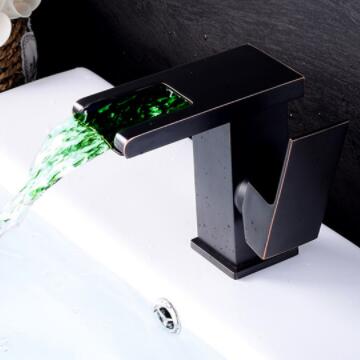 Black Bronze Brass Waterfall LED Color Changing Mixer Bathroom Sink Tap T0238B - Click Image to Close