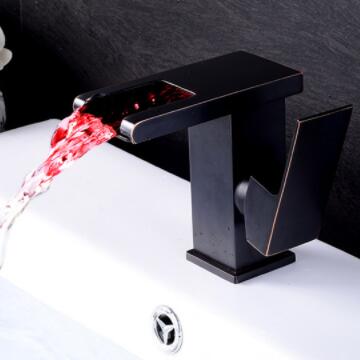 Black Bronze Brass Waterfall LED Color Changing Mixer Bathroom Sink Tap T0238B