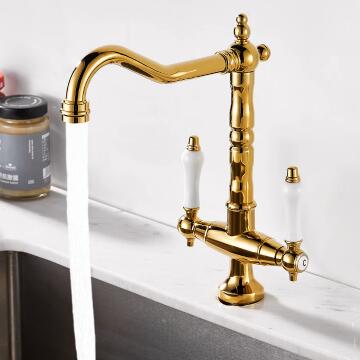 Antique Golden Brass Classical Revolve Two Handles Mixer Kitchen Sink Taps T0265G