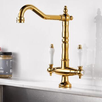 Antique Golden Brass Classical Revolve Two Handles Mixer Kitchen Sink Taps T0265G